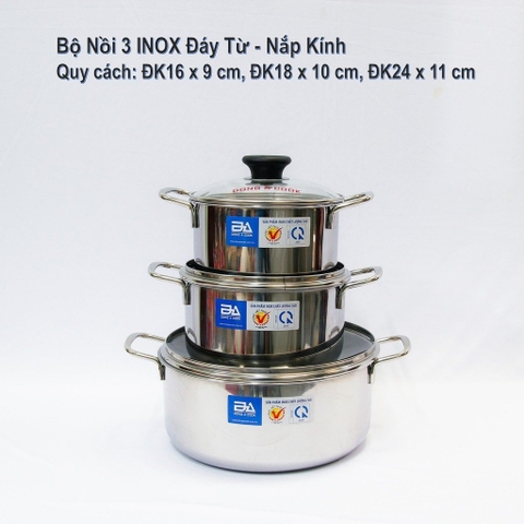 Bộ 3 nồi inox 1 đáy nắp Kính Đông Á