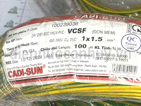Dây điện đơn Cadisun VCSF 1x1.5 tiếp địa