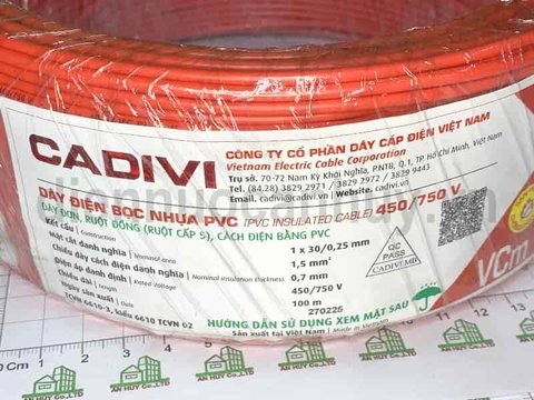 Dây điện đơn mềm Cadivi VCm 1x1.5 (1x30/0.25) đỏ