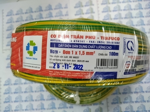 Dây điện Trần Phú Vcm-Đơn 1x1.5 tiếp địa