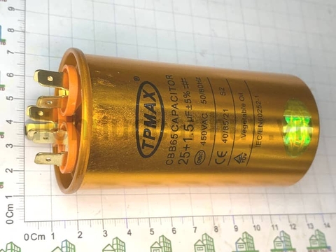 Tụ điều hòa 3 chân 25+1.5uf TPMAX xịn vỏ vàng hộp đỏ
