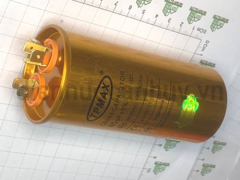 Tụ điều hòa 2 chân 45uf TPMAX xịn vỏ vàng hộp đỏ