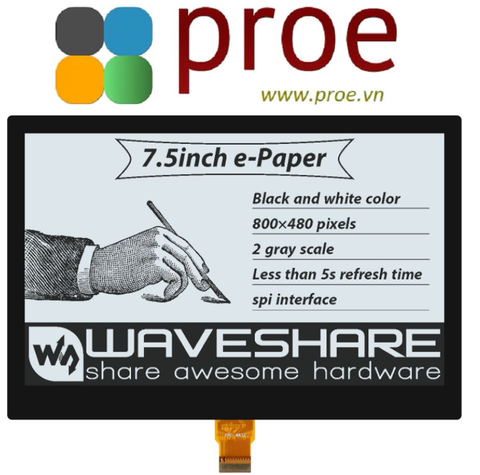 7.5inch e-Paper (G) E-Ink Fully Laminated Display, 800×480, Black / White, SPI, without PCB