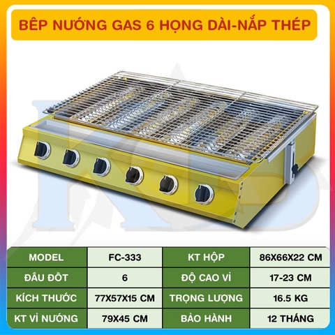 Bếp nướng gas 6 họng dài - Nắp inox