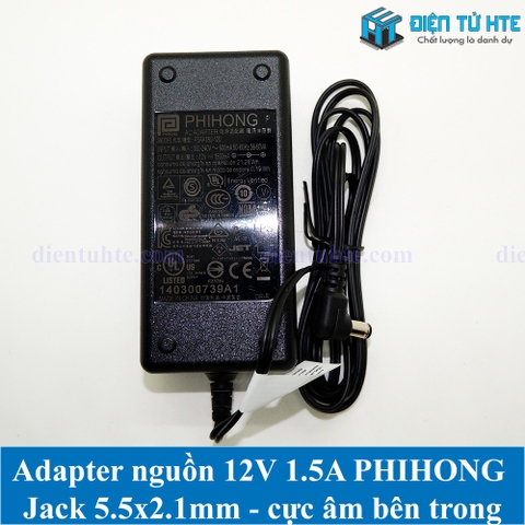 Adapter nguồn 12V 1.5A PHIHONG Jack 5.5x2.1mm cực âm bên trong (không kèm dây nguồn C13)