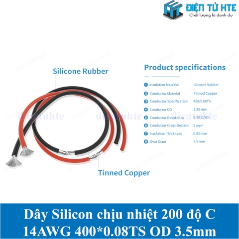 Dây điện Vỏ Silicon chịu nhiệt 200 độ C 14AWG 400*0.08TS OD 3.5mm - Màu đỏ
