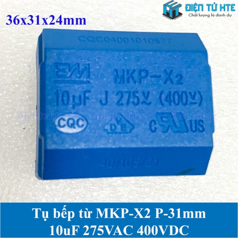 Tụ bếp từ  MKP-X2 10uF 275VAC 400DC pitch 31mm Xanh dương size 36x31x24mm