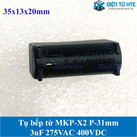 Tụ bếp từ MKP-X2 3uF 275VAC 400VDC pitch 31mm Đen size 35x13x20mm