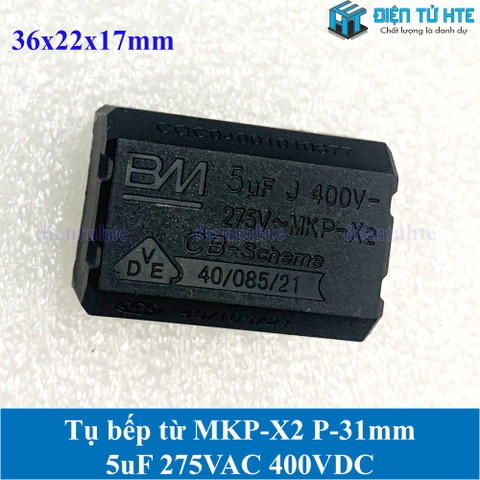 Tụ bếp từ MKP-X2 5uF 275VAC 400DC pitch 31mm Đen size 36x22x17mm