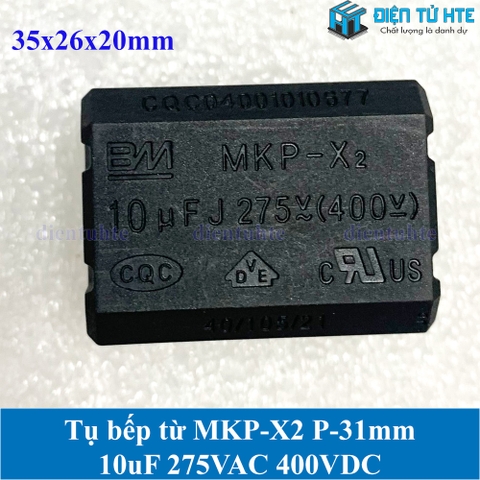 Tụ bếp từ  MKP-X2 10uF 275VAC 400DC pitch 31mm Đen size 35x26x20mm