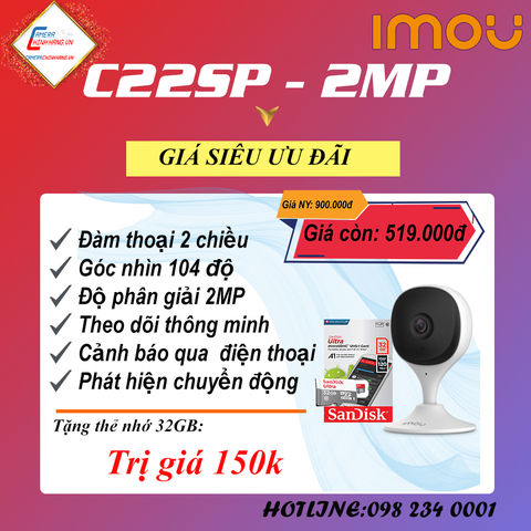 Camera IP Wifi IMOU IPC-C22sP- đàm thoại2 chiều, phát hiện con người