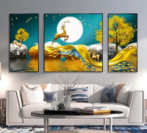 49HN Tranh Tráng Gương Hươu Nai Tài Lộc