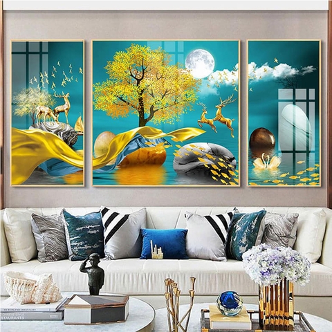 38HN Tranh Tráng Gương Hươu Nai Tài Lộc