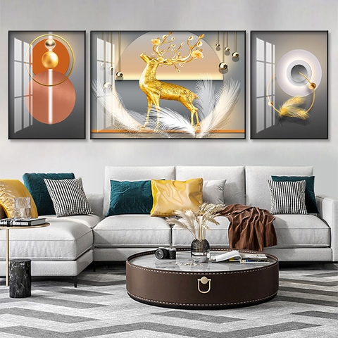 06HN Tranh Tráng Gương Phòng Khách Hươu Tài Lộc