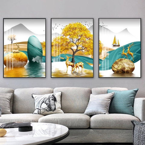 12HN Tranh Tráng Gương Phòng Khách Hươu Nai Tài Lộc