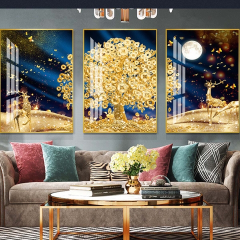 13HN Tranh Tráng Gương Phòng Khách Hươu Kim Tiền