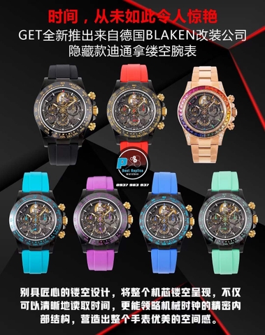 NEW 2023 / GET FACTORY BEST 1:1 / ROLEX DAYTONA BY BLAKEN DLC BLACK & RAINBOW DIAMOND BEZEL CAL.4130