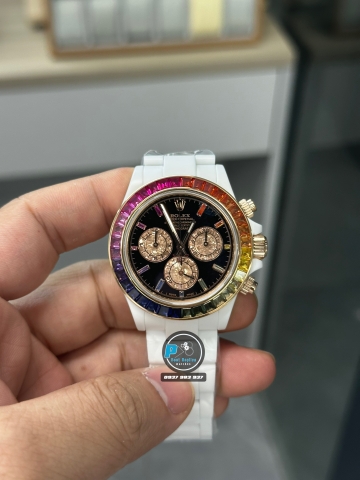 NEW 2023 / N FACTORY BEST 1:1 / ROLEX DAYTONA BY BLAKEN FULL CERAMIC WHITE  🌈 RAINBOW DIAMOND BEZEL CAL.4130