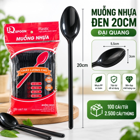 Muỗng nhựa đen 20cm Đại Quang (100 Cái/Bịch)