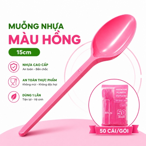 Muỗng nhựa màu hồng 15cm (50 Cái/Bịch)