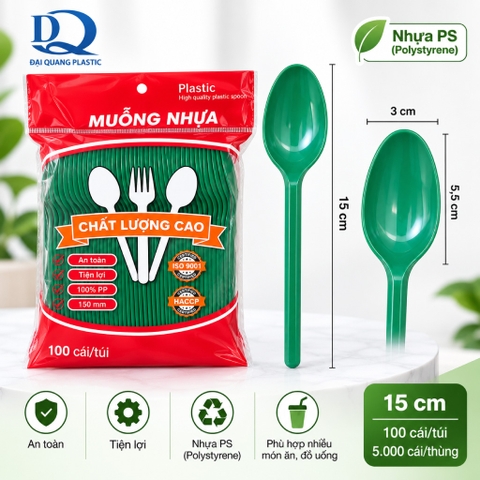 Muỗng nhựa xanh 15cm Đại Quang (100 Cái/Bịch)