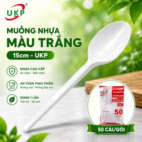 Muỗng nhựa trắng 15cm UKP (50 Cái/Bịch)