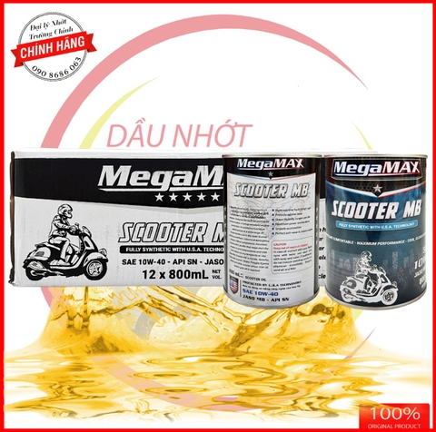 Thùng Nhớt Megamax 4T 10W40 MB  tổng hợp 100% SN 800ML dành cho xe ga