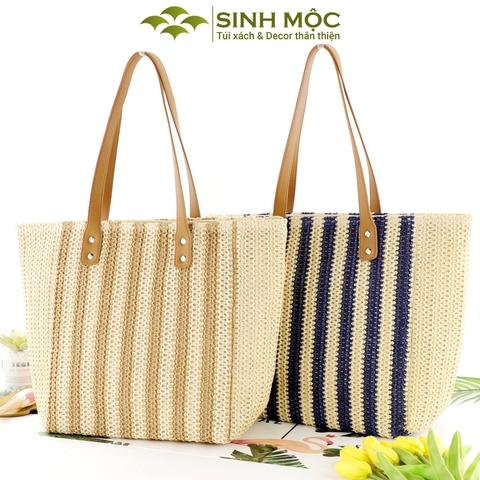 Túi cói đi biển, túi xách kẻ dọc, túi giả cói Sinh Mộc - M3833