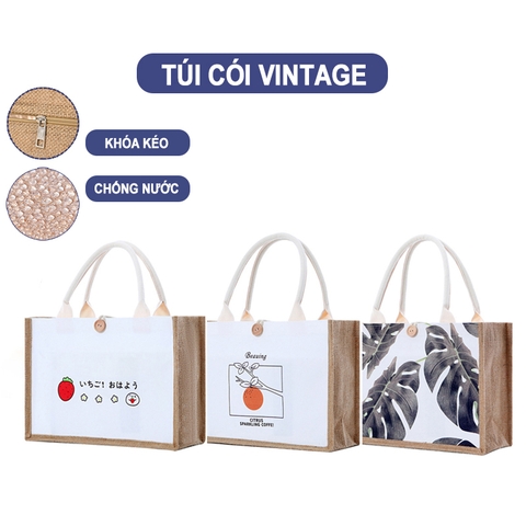 Túi cói vintage, túi chống nước, túi xách đi biển, túi có cúc Sinh Mộc - M3607