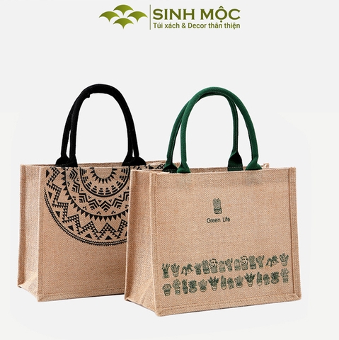 Túi đi biển, túi cói, túi cói vintage, họa tiết trống đồng và xương rồng, Sinh Mộc - M3604