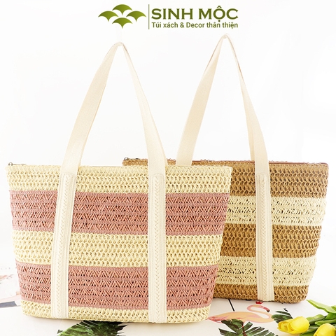 Túi đi biển, túi xách nữ giả cói, túi kẻ ngang Sinh Mộc - M3832