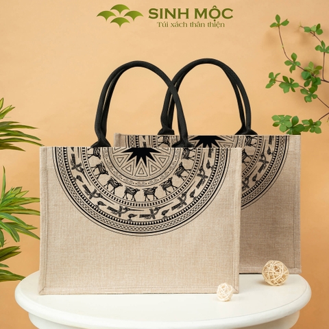 Túi linen họa tiết trống đồng, chống nước, có khóa kéo - M3306 (linen trống đồng)