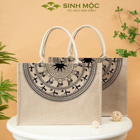 Túi linen họa tiết trống đồng, chống nước, có khóa kéo - M3306