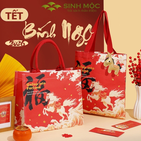 Túi xách tết Bính Ngọ 2026, túi canvas hình Ngựa, túi tote năm Ngọ - M3008