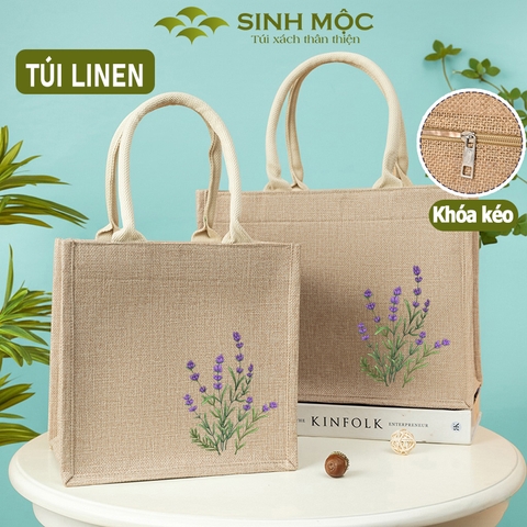 Túi xách đay linen in hoa tím vải thân thiện thời trang nhẹ nhàng tinh tế – M3302