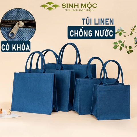 Túi linen chống nước có khóa kéo, túi đựng đồ bền đẹp - M3305 (linen xanh)