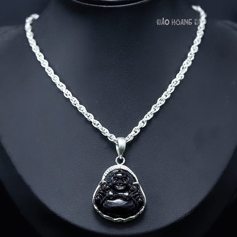 Mặt Dây Chuyền Bạc Phong Thủy Cho Bé Trai Tượng Phật Di Lặc Hình Đồng Xu Đá Đen M2412120015