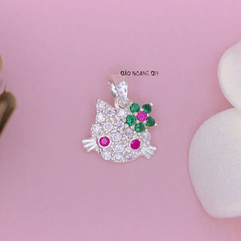 Mặt Dây Chuyền Bạc Trẻ Em Mặt Mèo Kitty Nơ Hoa Đá Xanh M2409270044