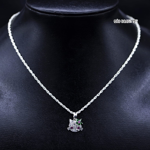 Mặt Dây Chuyền Bạc Trẻ Em Mặt Mèo Kitty Nơ Hoa Đá Xanh M2409270044