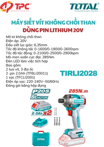 Máy siết vít  không chổi than  dùng pin  Lithium 20V TIRLI2028 total