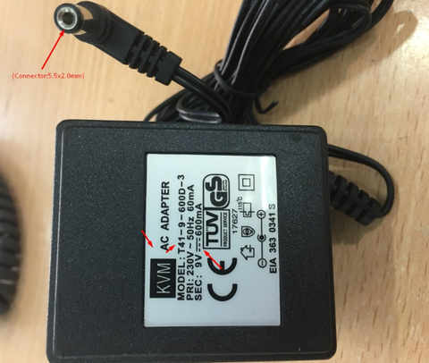 Adapter 9V 600mA KVM T41-9-600D-3 Connector Size 5.5mm x 2.1mm