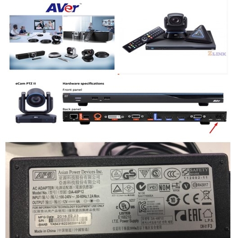 Adapter 12V 4A 48W APD DA-48P12 Connector Size 5.0mm x 3.0mm For Video Conferencing System Camera Hội Nghị Truyền Hình AVer EVC900/EVC950