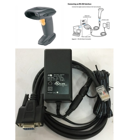 Bộ Cáp Cho Máy Quét Symbol DS6878 Barcode Scanner CBA-R37-C09ZAR Cable RS232 to RJ50 10Pin Cable with DC Power và Adapter 5V 1.5A DC Power Supply Length 1.8M