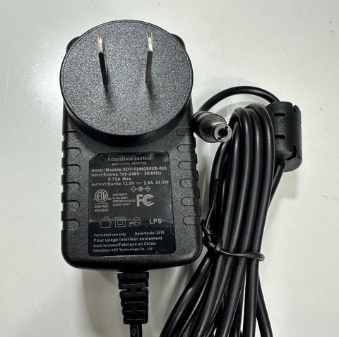 Adapter 12V 2A 24W SOY-1200200US-063 Connector Tip Size 5.5mm x 2.1mm For Network Switch, Camera Industrial Digital