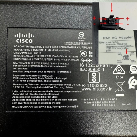 Adapter 54V 1.85A 100W Cisco IEC C14 Plug Connector Tip Size Molex 4 Pin Pitch 3.0mm For Switch HPE Aruba PoE+ DoE J9774A J9780A J9982A Power Supply