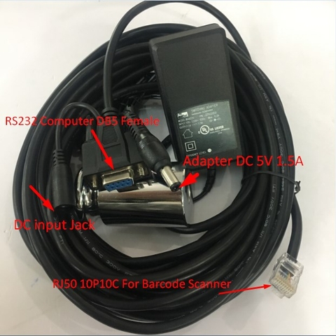 Bộ Cáp Cho Máy Quét Newland CBL037R Cable RS232 to RJ50 10Pin Cable with DC Power và Adapter 5V 1.5A DC Power Supply For Newland Barcode Scanner Length 5M