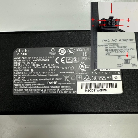 Adapter 54V 1.67A 90.18W Cisco IEC C14 Plug Connector Tip Size Molex 4 Pin Pitch 3.0mm For Switch HPE Aruba PoE+ DoE J9774A J9780A J9982A Power Supply