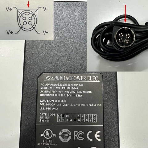 Adapter 24V 6.25A 150W EDAC OEM Thay Thế MEAN WELL 24V 5A 120W GST120A24-R7B IEC C14 Plug Connector Tip Size 4 Pin Mini Din 10mm