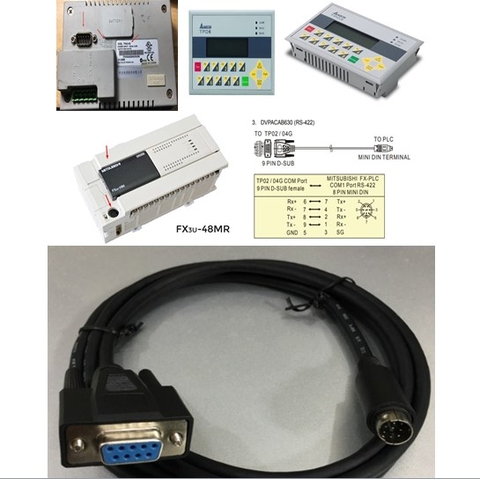 Cáp Lập Trình Communication DVPACAB630 RS-422 8 Pin Mini Din to DB9 Female 1.8M For MITSUBISHI FX-PLC Với Màn hình HMI Delta TP02 TP04G-AS2