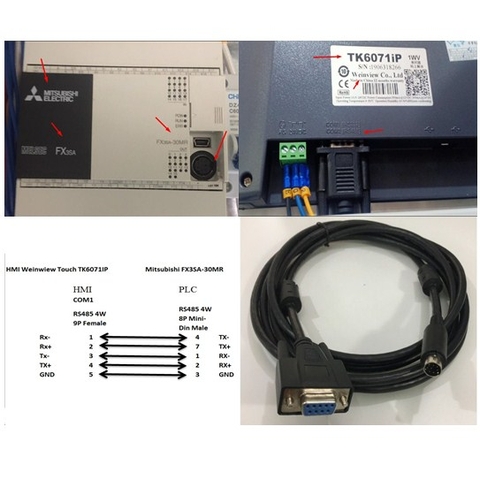 Cáp PLC Programming Mitsubishi FX3SA-30MR Với HMI Weinwiew Touch TK6071IP Cable DB9 Female to Mini Din 8 Pin Male Connector RS485 Length 3M